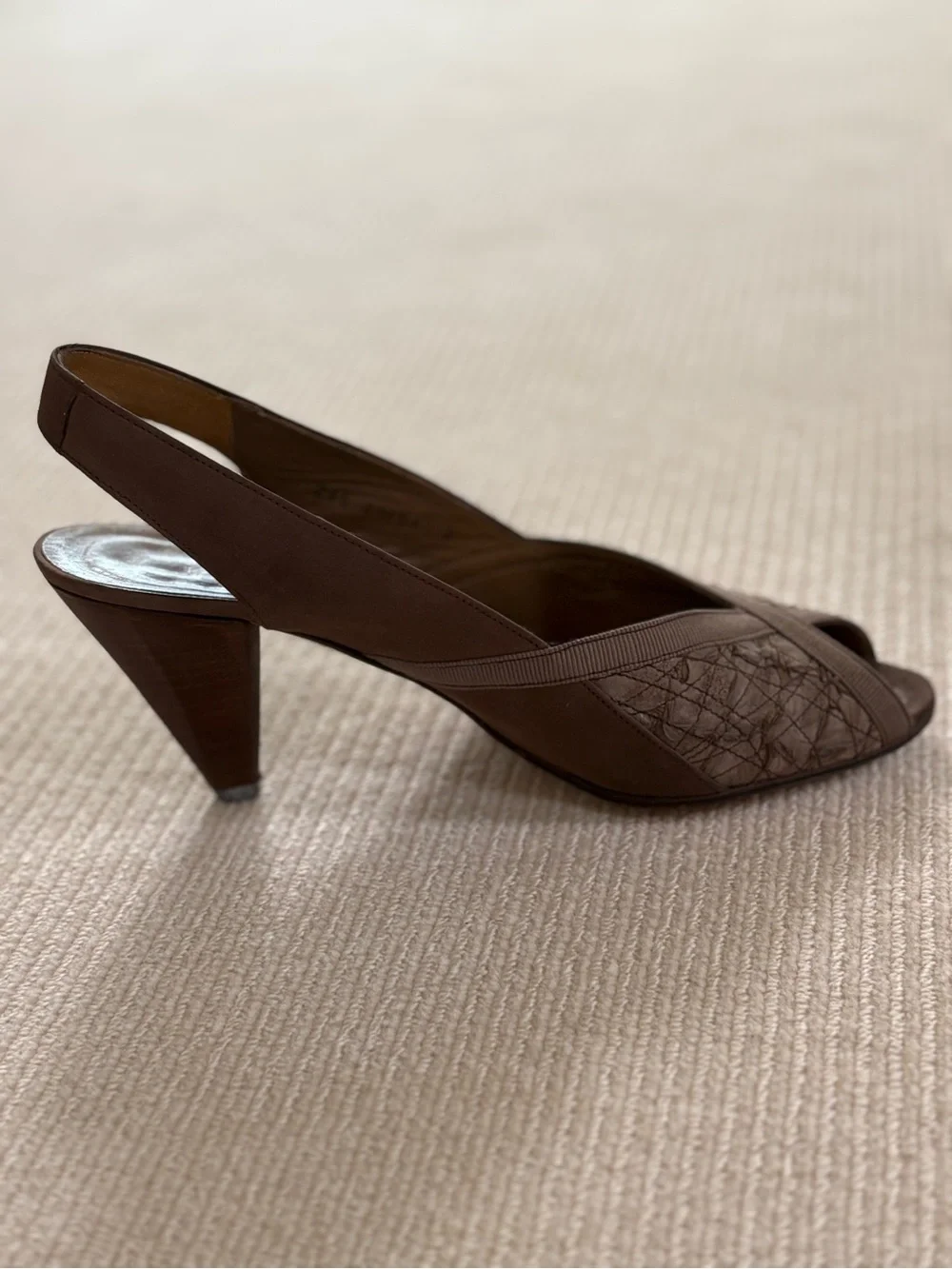 Farrutx Taupe Brown Slingback Peep-Toe Textured Heels